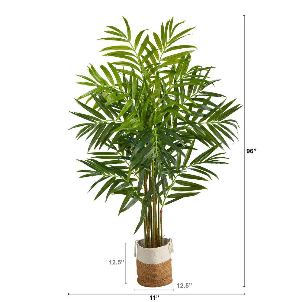 Nearly Natural 8 ft. Green King Palm Artificial Tree with 12 Bendable Branches in Handmade Natural Jute and Cotton Planter