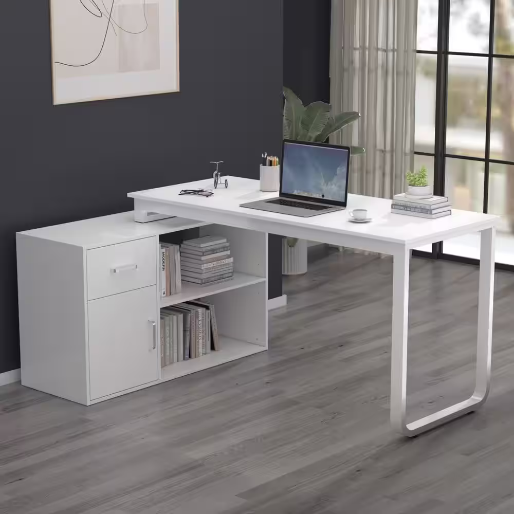 None L-Shaped White Wooden Commercial Writing Desk, with 1 Drawer, Open Shelves and Eco-Friendly Paint Finish, 55.1 in. W