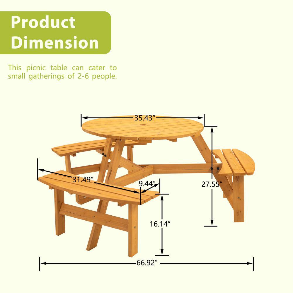 None 6-Person Patio Solid Wood Picnic Table Set with 2 Inch Umbrella Hole
