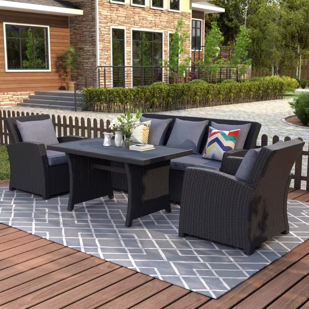None Black 4-Piece Wicker Patio Conversation Set with Dark Gray Cushions and 2 Arm Chairs