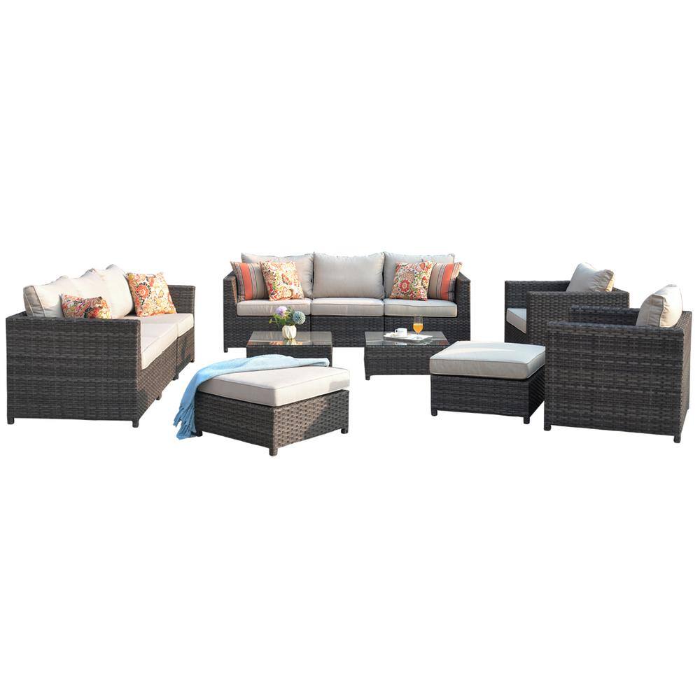 XIZZI Ontario Lake Gray 12-Piece Wicker Outdoor Patio Conversation Seating Set with Beige Cushions