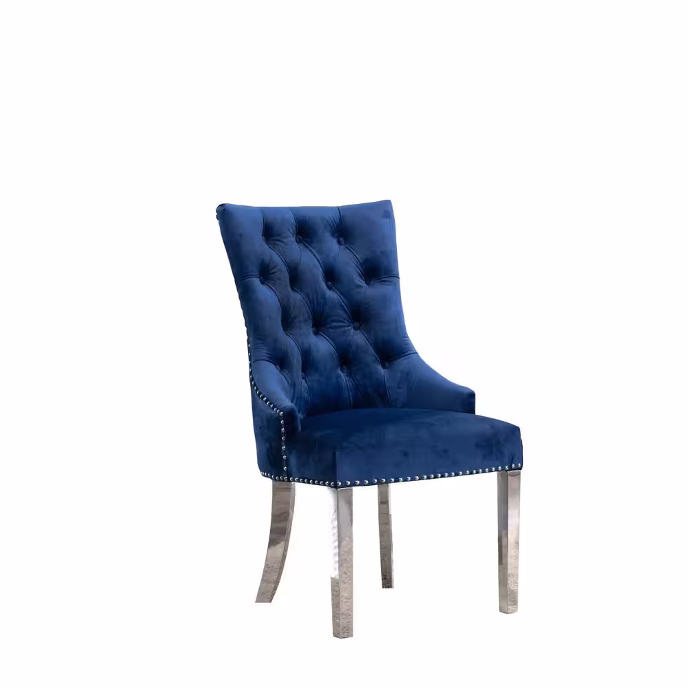 None Sam Navy Blue Velvet Stainless Steel Legs Chairs (Set of 2)