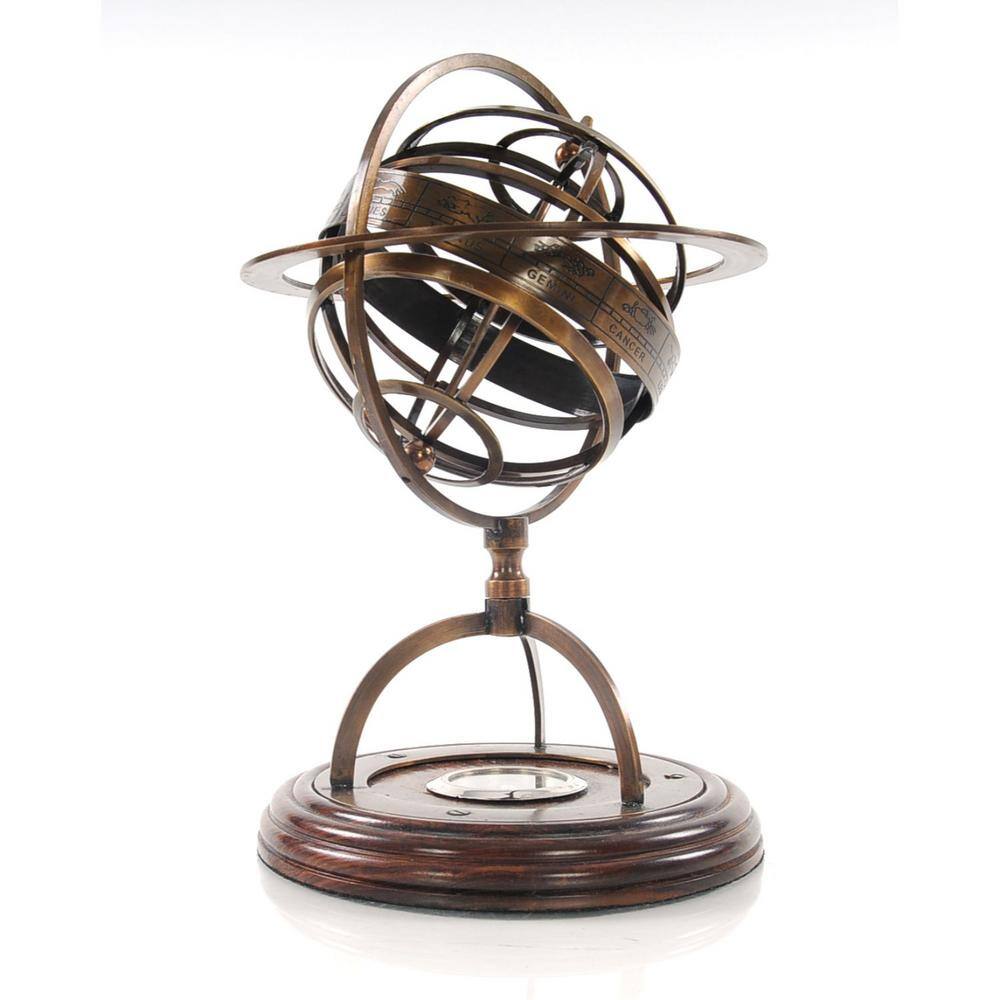 HomeRoots Dahlia Abstract Brass Armillary With Compass On Wood Base