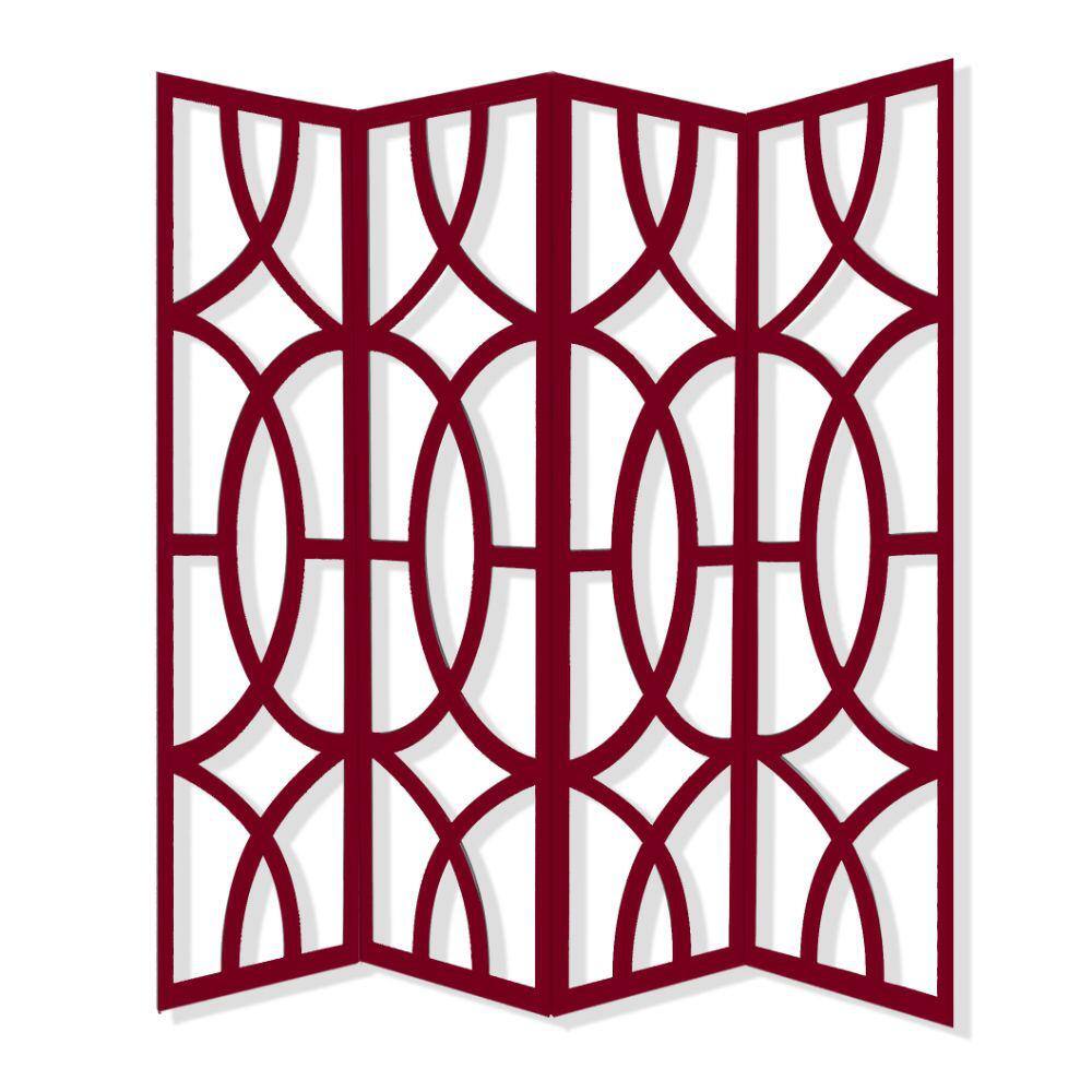 Benjara Red 4 Panel Modern Style Screen with Geometrical Stencil Design