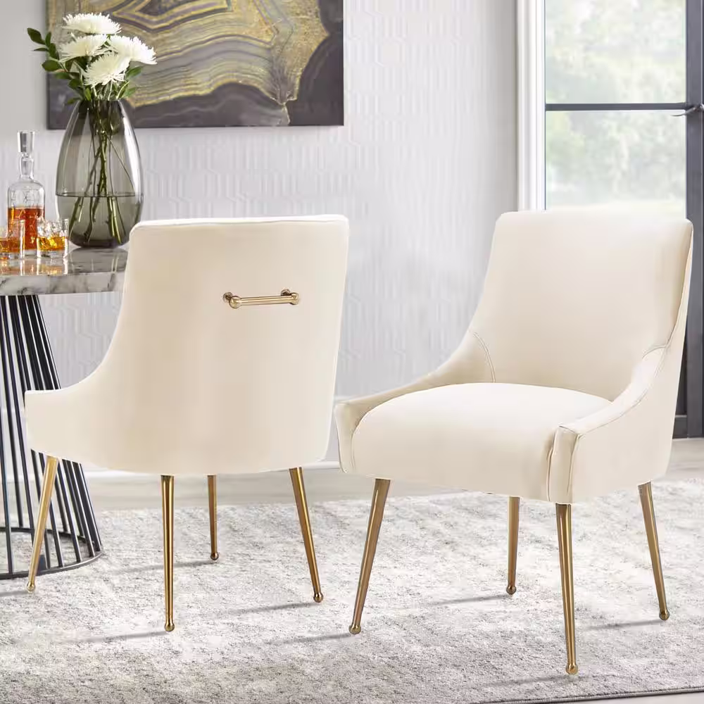 Boyel Living Beige Velvet Dinning Chair with Pulling Handle and Adjustable Foot Nails(Set of 2)