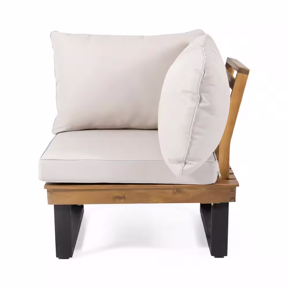 Noble House Sebastian Teak Brown 4-Piece Wood Patio Conversation Sectional Seating Set with Beige Cushions