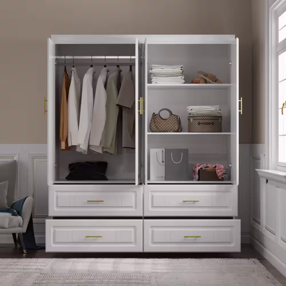 None White Wood 63 in. W 4-Door Big Wardrobe Armoires with Hanging Rod, Drawers, Storage Shelves 74.2 in. H x 20.6 in. D