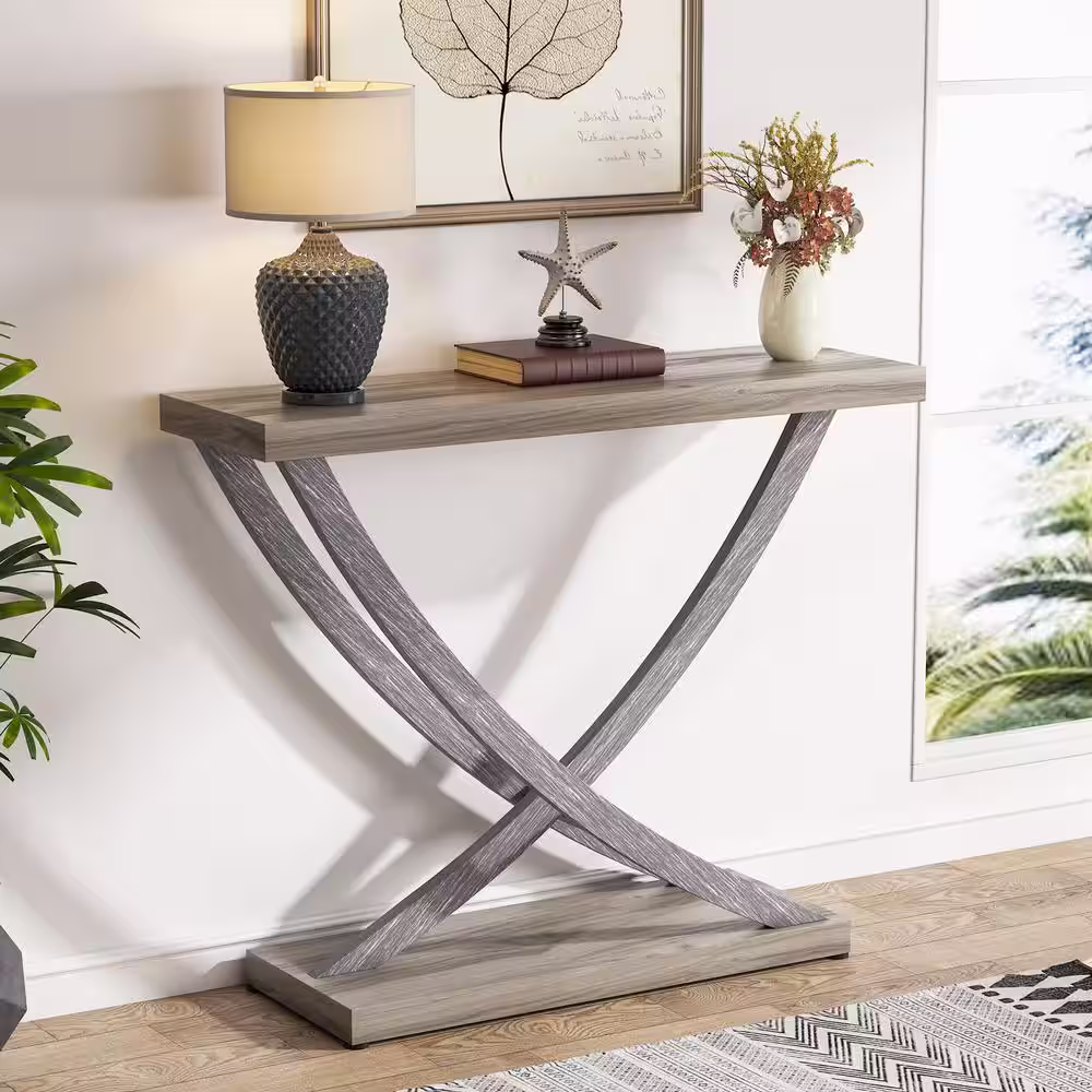 BYBLIGHT Turrella 35 in. Gray Rectangle Wood Console Table, Industrial Rustic Entryway Table for Hallway, Farmhouse Sofa Table