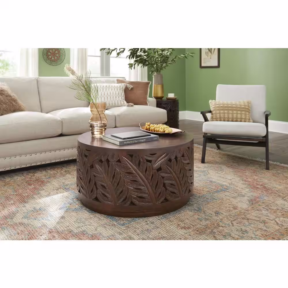Home Decorators Collection Palmeadow 36 in. Round Carved Walnut Brown Wood Coffee Table