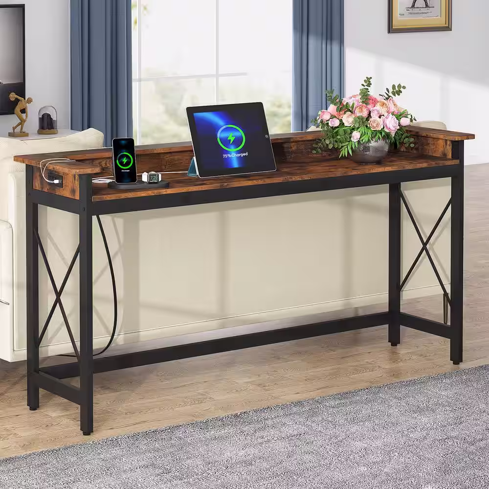 None Turrella 70.9 in. Brown Extra Long Sofa Console Table with Outlets and USB Ports, Industrial