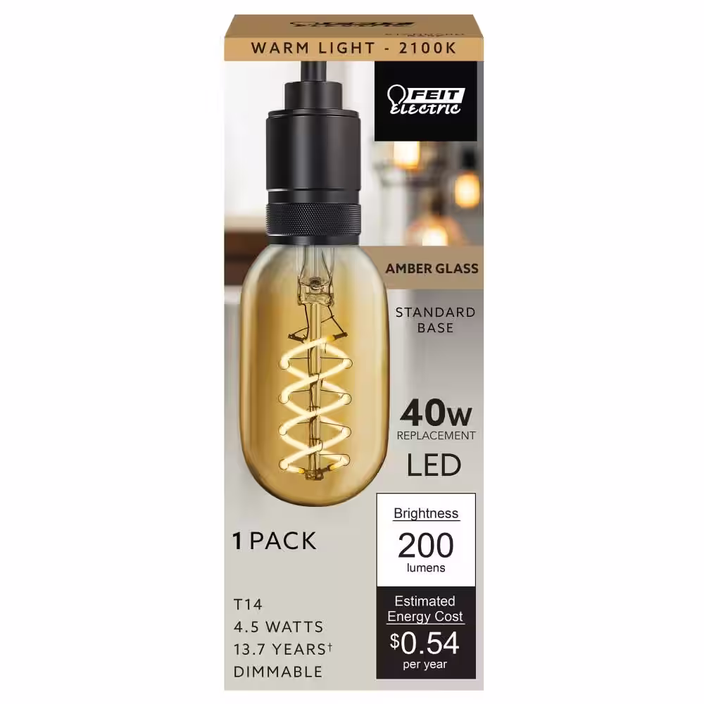 Feit Electric 40-Watt Equivalent T14 Dimmable Spiral Filament Amber Glass E26 Vintage Edison LED Light Bulb, Warm White