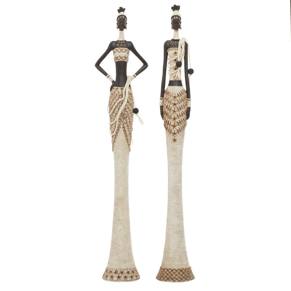 Litton Lane White Polystone Standing African Woman Sculpture with Intricate Details (Set of 2)