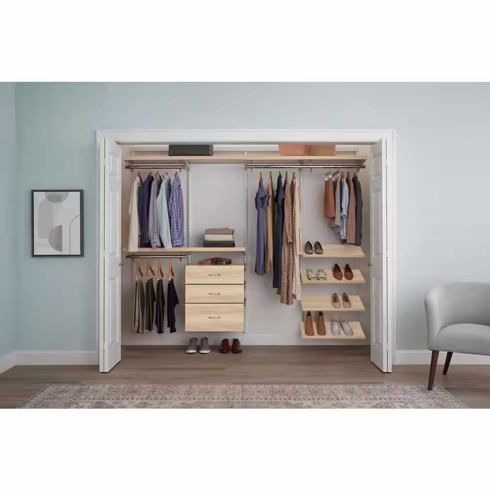 Everbilt Genevieve 8 ft.Birch Adjustable Closet Organizer Long, Short, Double Hanging Rods with 2 Shelves, 4 Shoe Racks, 3 Drawer