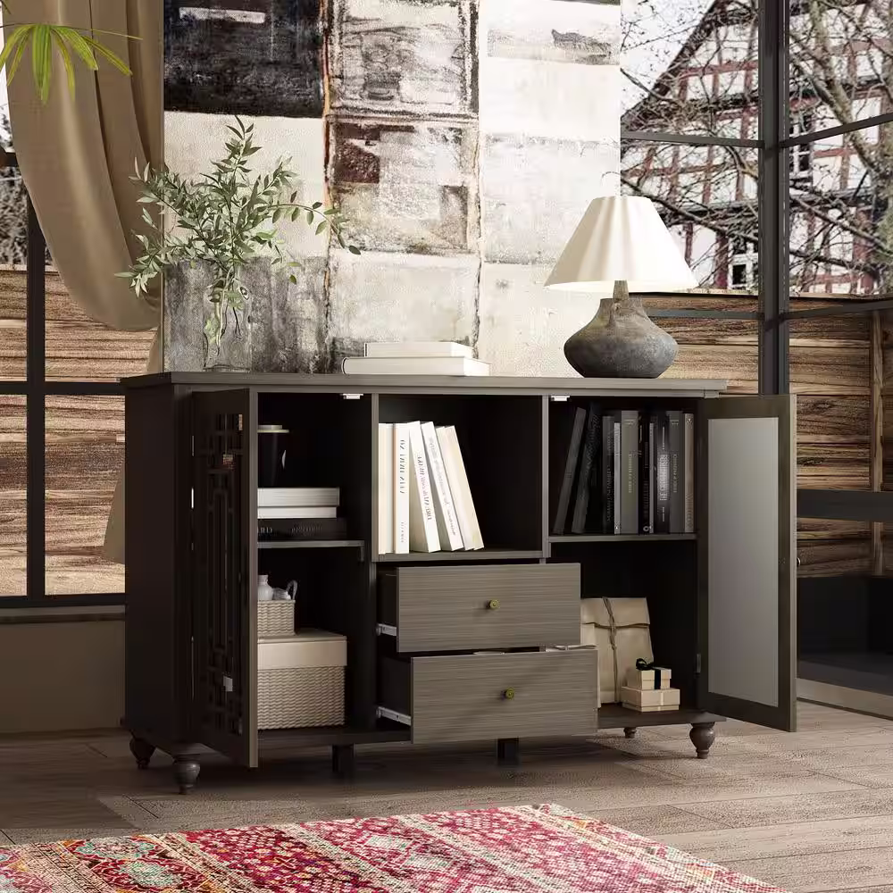 None Gray Wooden Grain Mirrored Accent Storage Cabinet, Boookcase, Sideboard with 5 Shelves and 2 Drawers