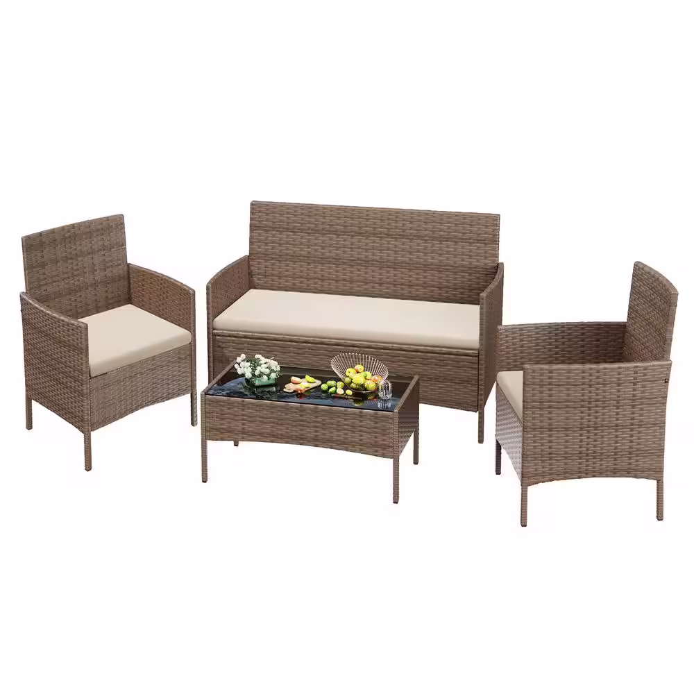 Tozey 4-Pieces Brown Wicker Patio Furniture Sets Patio Conversation Sets with Beige Cushion