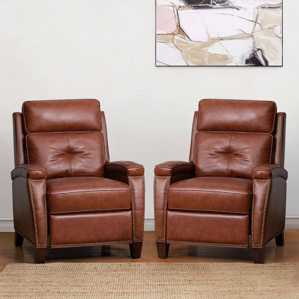 JAYDEN CREATION Florina Modern Brown Upholstery Genuine Cigar Leather Recliner with Nailhead Trim (Set of 2)
