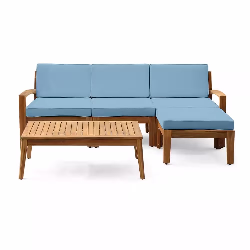 Noble House Grenada Teak Brown 5-Piece Acacia Wood Patio Conversation Sectional Seating Set with Blue Cushions