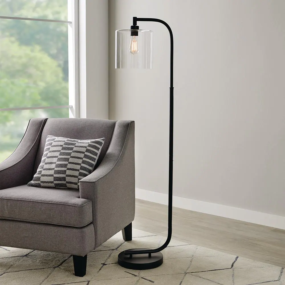 Hampton Bay Cline 62.5 in. 1-Light Black Floor Lamp with Clear Glass Lamp Shade