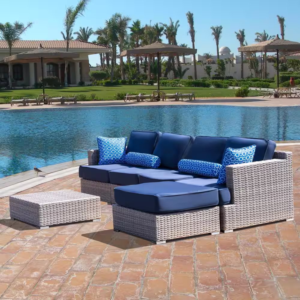 Home Beyond Polyethylene (PE) Wicker 6-Piece Outdoor Patio Sectional Sofa Set with Cushions in Navy Blue, Fully Assembled