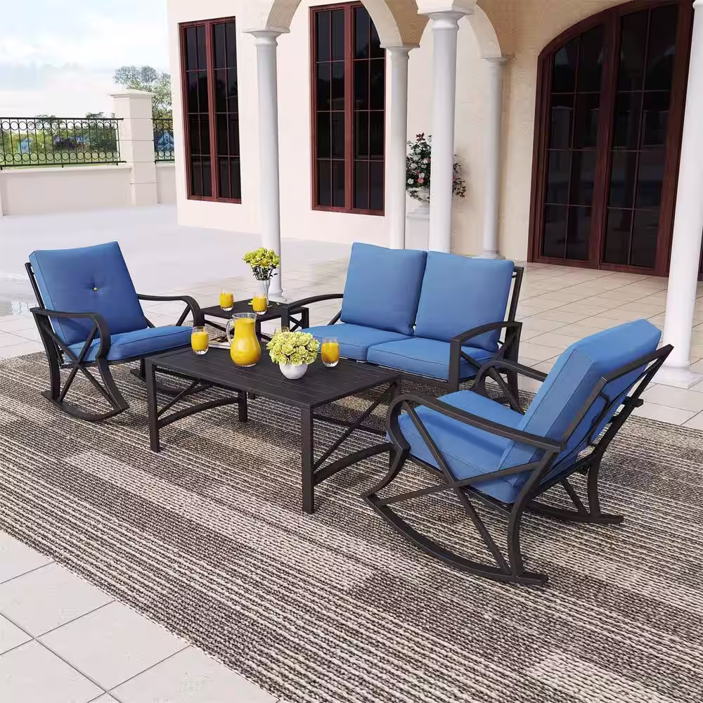 TOP HOME SPACE 5-Piece Metal Patio Conversation Set with Blue Cushions