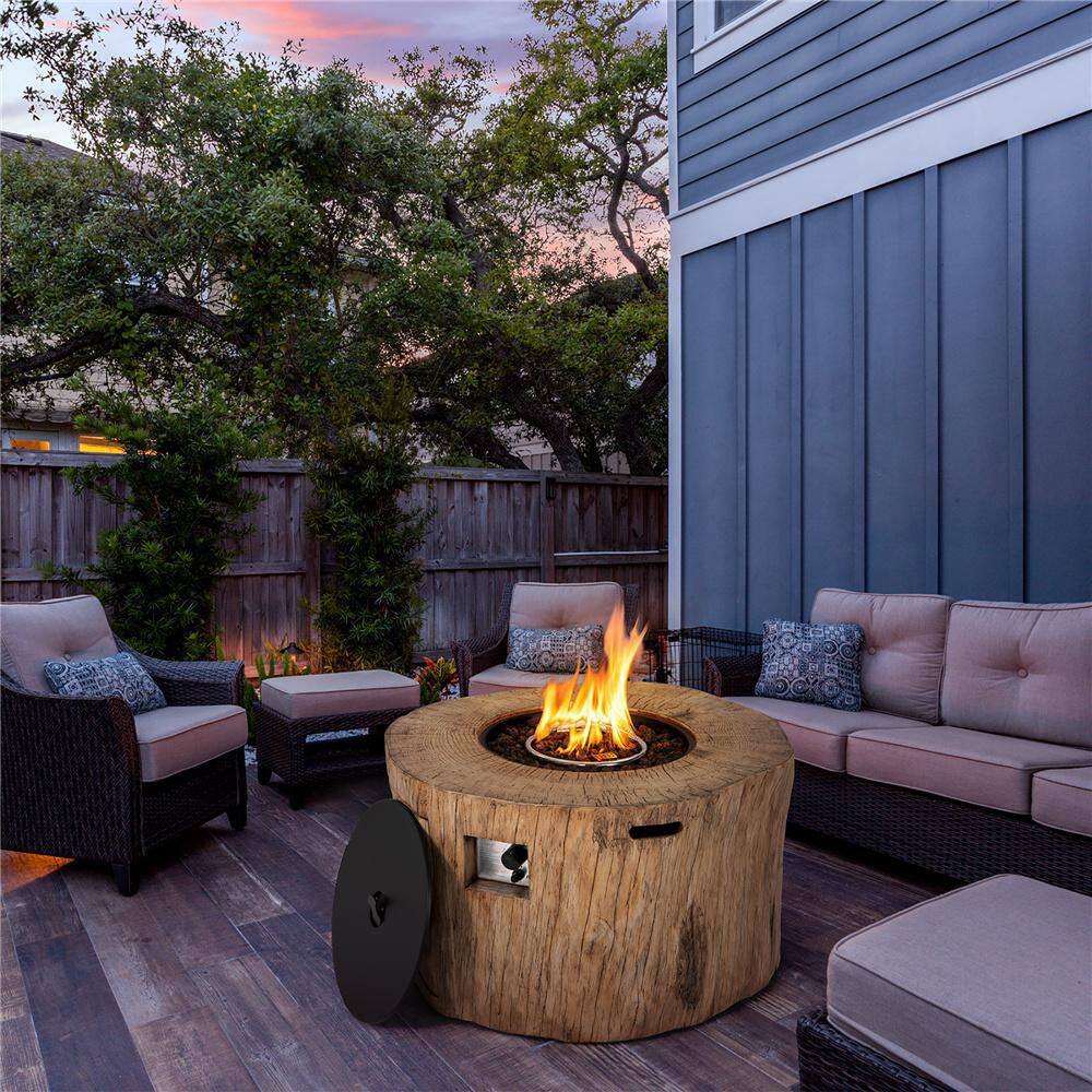 None 40 in. Stone Metal Round Propane Gas Fire Pit Table Wood-Like Surface with Laval Rock PVC Cover