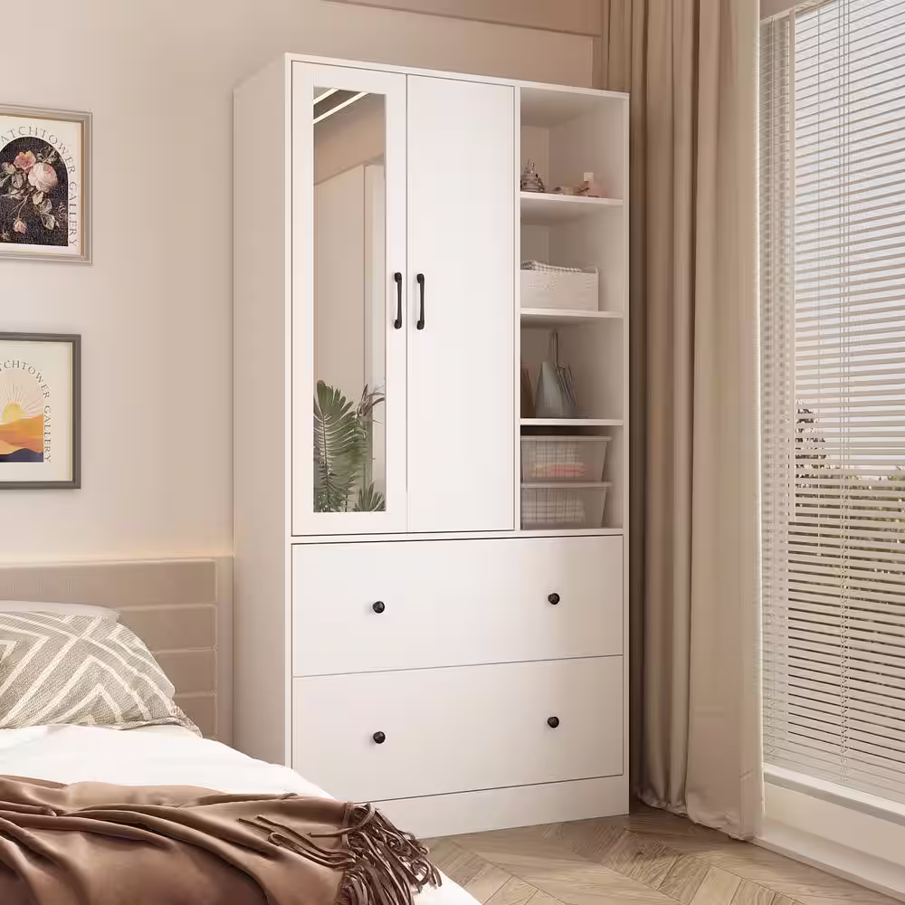 None White Wood 35.5 in. W Armoires Wardrobe With Mirror, Pulling Hanging Rod, Drawers, Shelves 15.8 in. D x 70.8 in. H