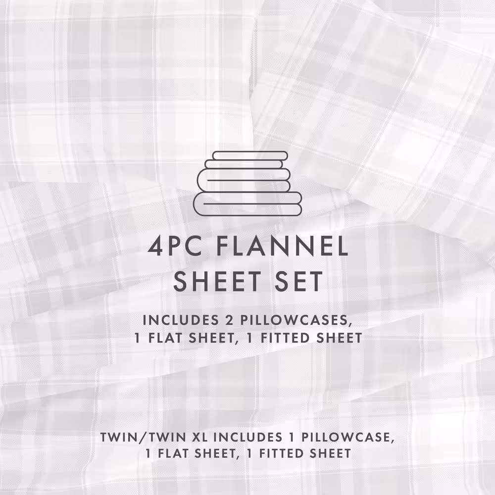 Becky Cameron Premium 4 Piece Light Gray Plaid Flannel Full Sheet Set