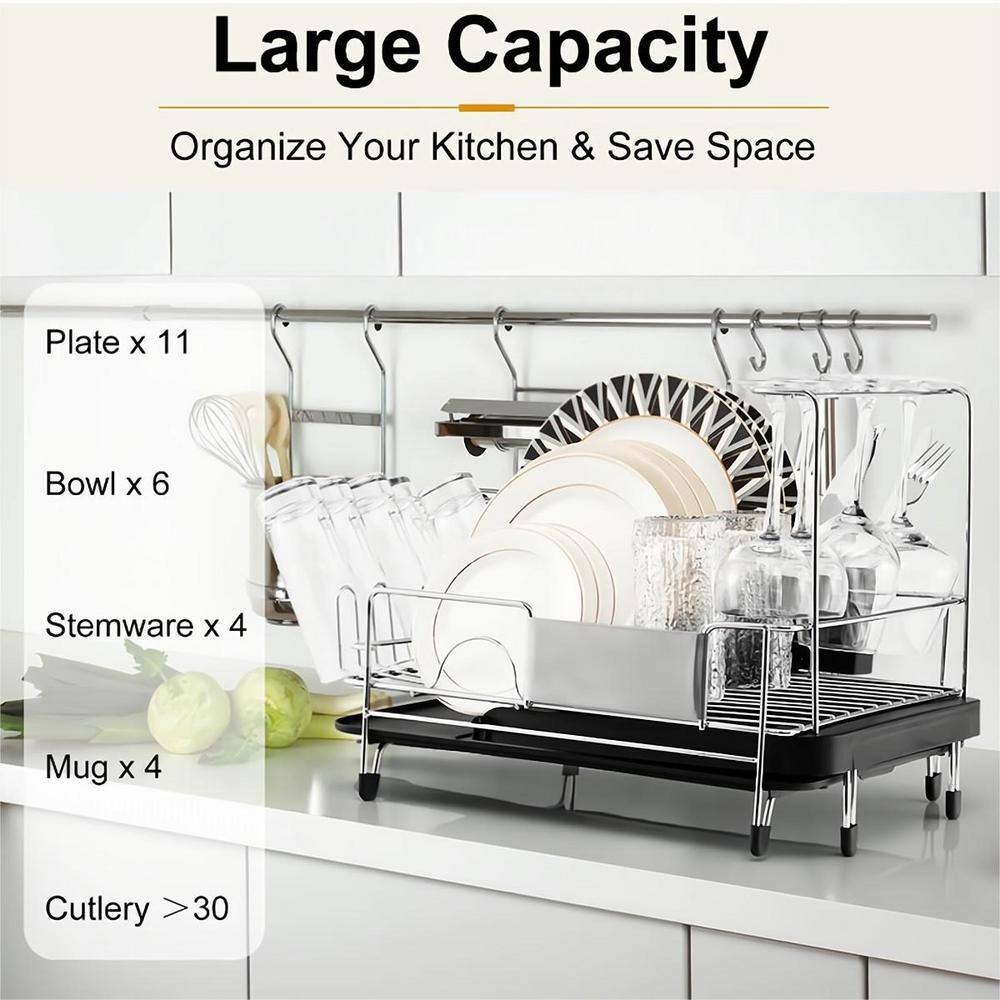 ANGELES HOME Black Stainless Steel Expandable Dish Rack with Drainboard and Swivel Spout