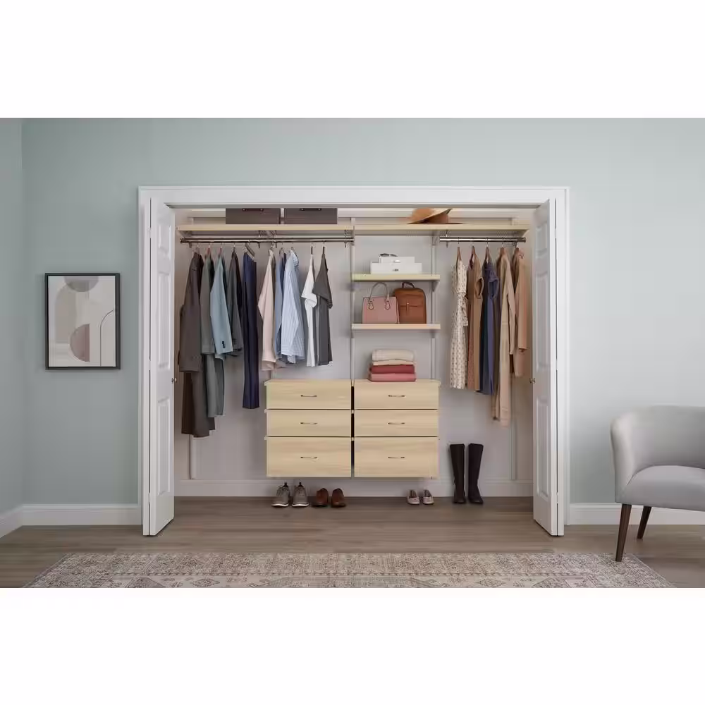 Everbilt Genevieve 8 ft. Birch Adjustable Closet Organizer Double Long and Short Hanging Rod with 3 Shelves and 6 Drawers