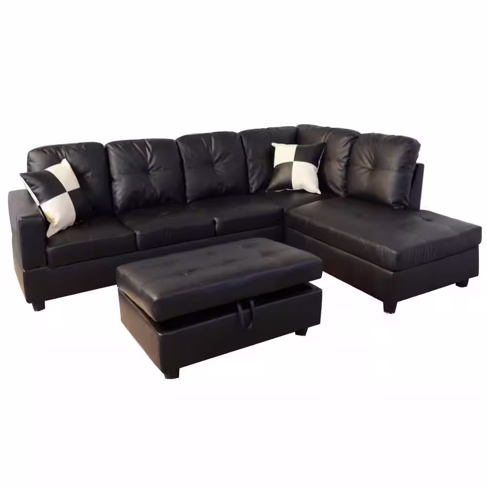 Star Home Living Black Faux Leather 3-Seater Left-Facing Chaise Sectional Sofa with Storage Ottoman