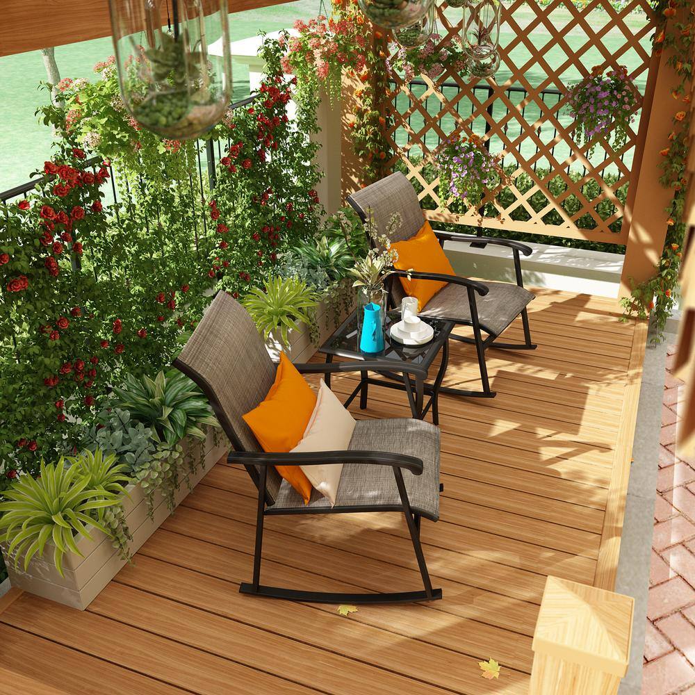 FUFU&GAGA 3-Piece Metal Frame Textilene Patio Conversation Chair Set in Gray with Glass Table, For Outdoor, Pool, Garden