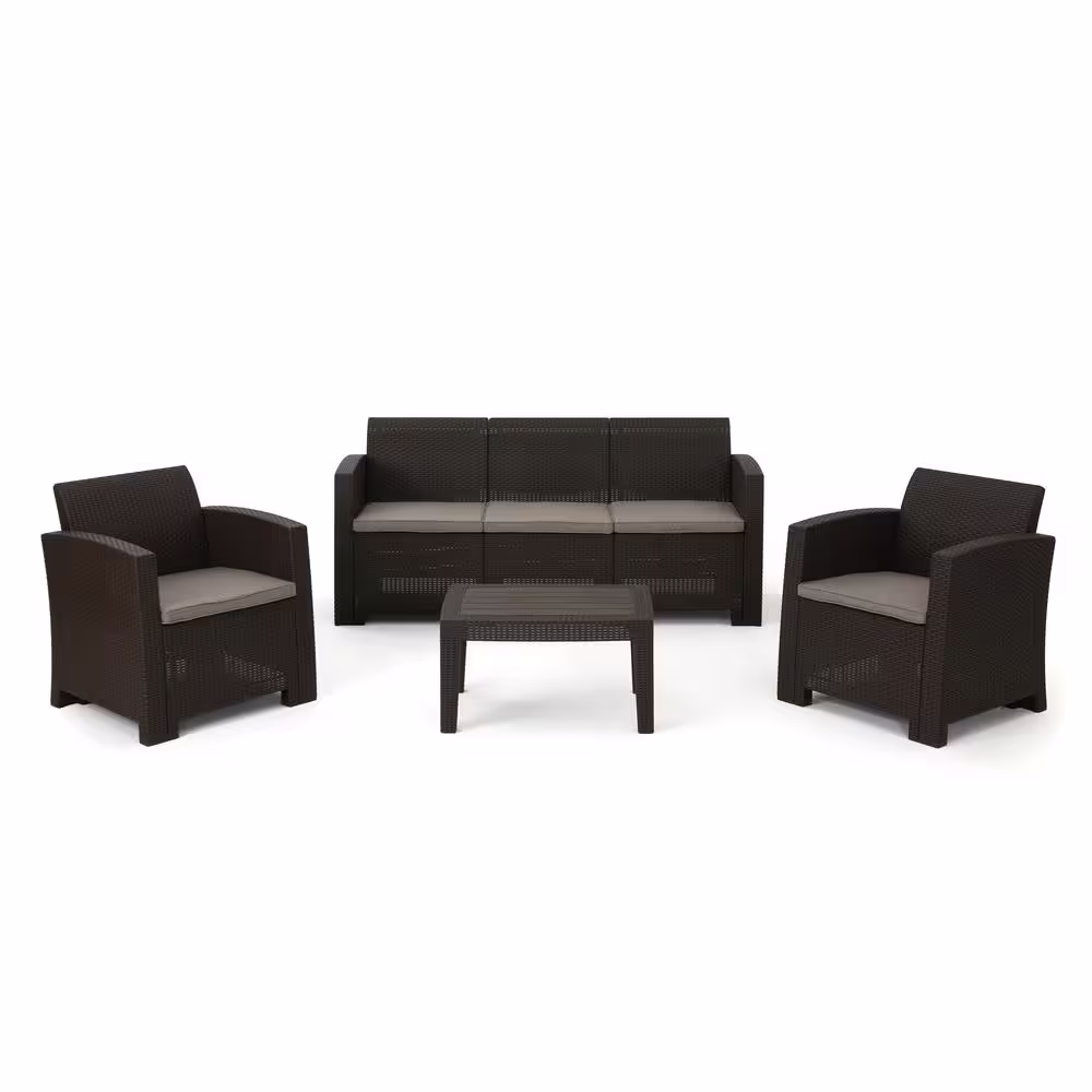 Noble House 4-Piece Faux Wicker Patio Conversation Set with Mixed Beige Cushions