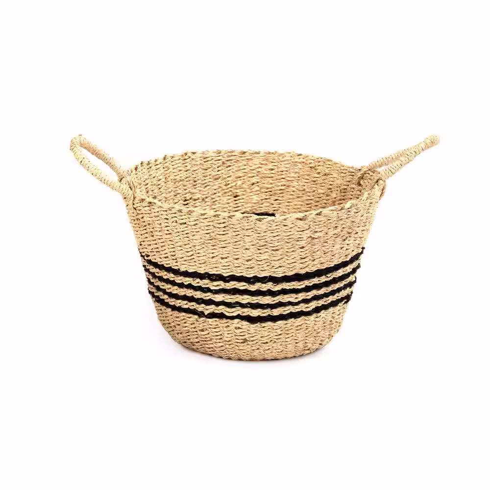 Zentique Hand Woven Seagrass and Palm Leaf with Dark Stripes and Handles Medium Basket
