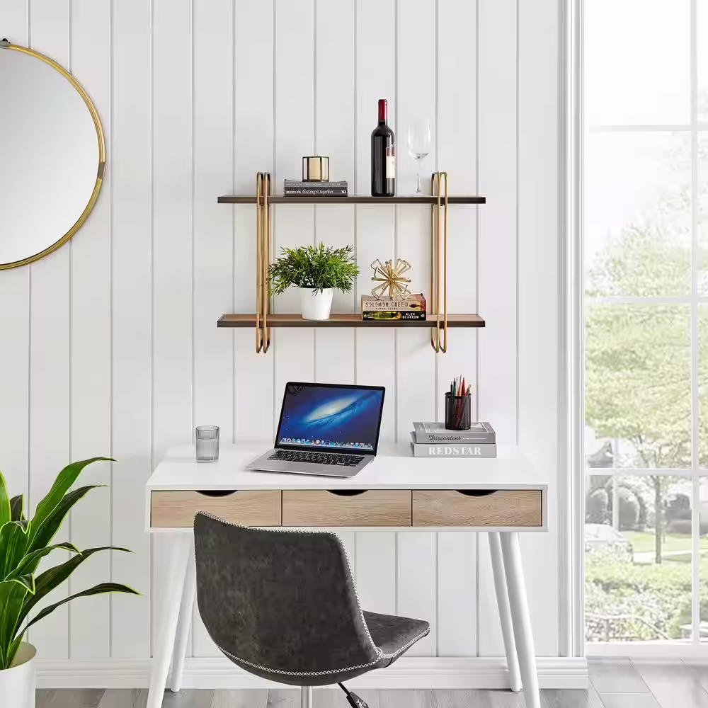 DANYA B 2-Tier Warm Gold and Washed Oak Brown Metal Hanging Bracket Wall Mounted Shelf