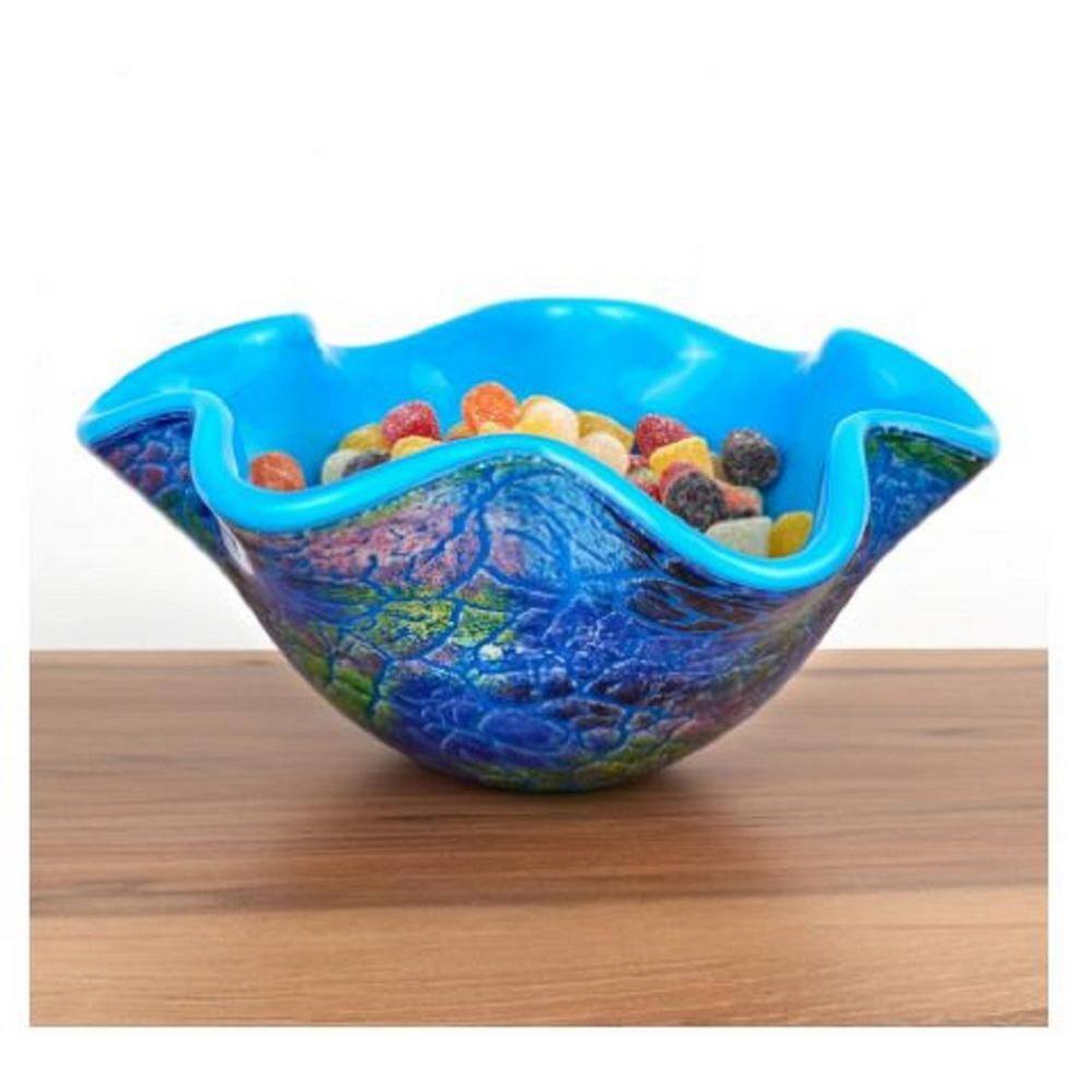 HomeRoots 4 in. Blue Abstract Multi Color Glass Centerpiece Bowl