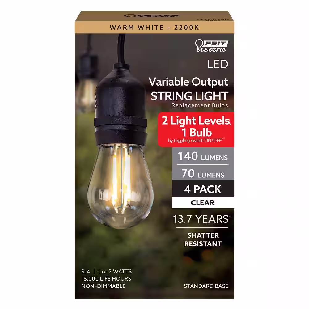 Feit Electric 11-Watt Equivalent S14 2-Level Dimming String Light LED Light Bulb, 2200K (4-Pack)