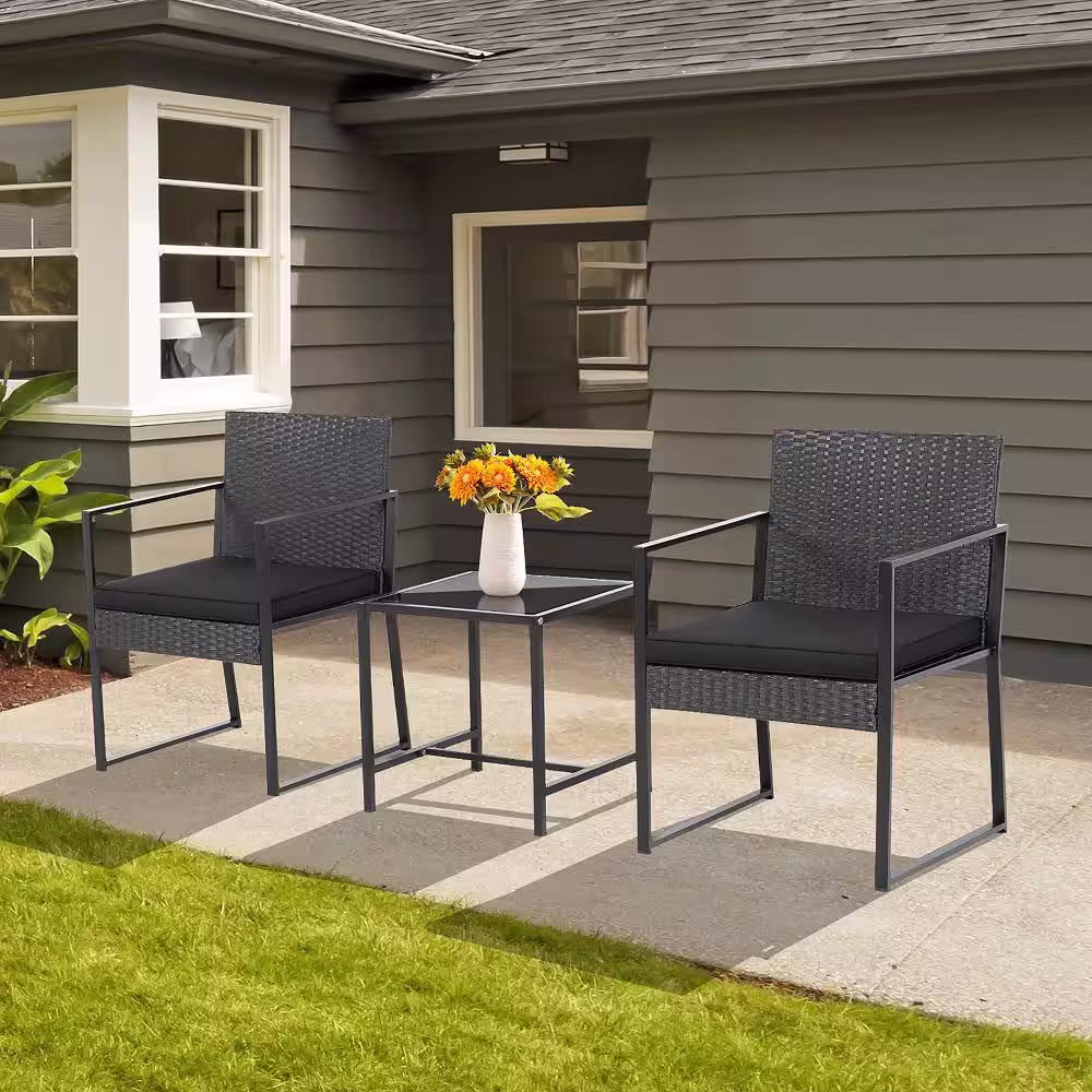 Costway 3-Piece Patio Furniture Set Heavy-Duty Cushioned Wicker Rattan Chairs Table Outdoor