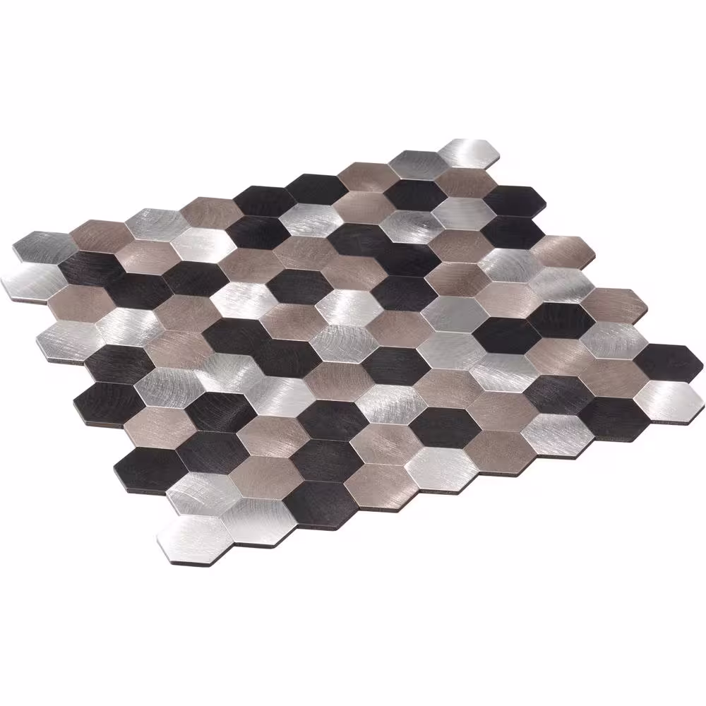 AVANT DECOR Bismuth Small Black and Silver Aluminum Hexagons 11.5 in. x 11.3 in. Metal Peel and Stick Tile (7.22 sq. ft./8-Pack)