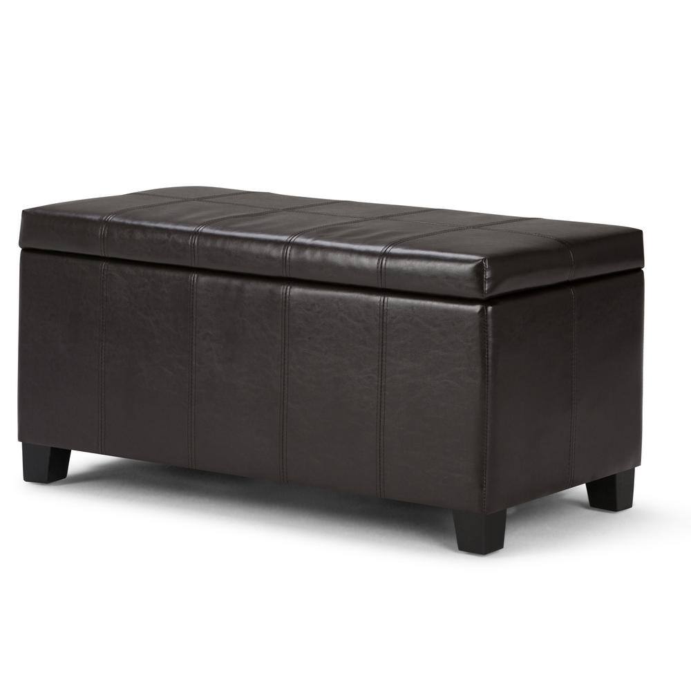 Simpli Home Dover 36 in. Wide Contemporary Rectangle Storage Ottoman Bench in Tanners Brown Vegan Faux LeatherBedroom Bench