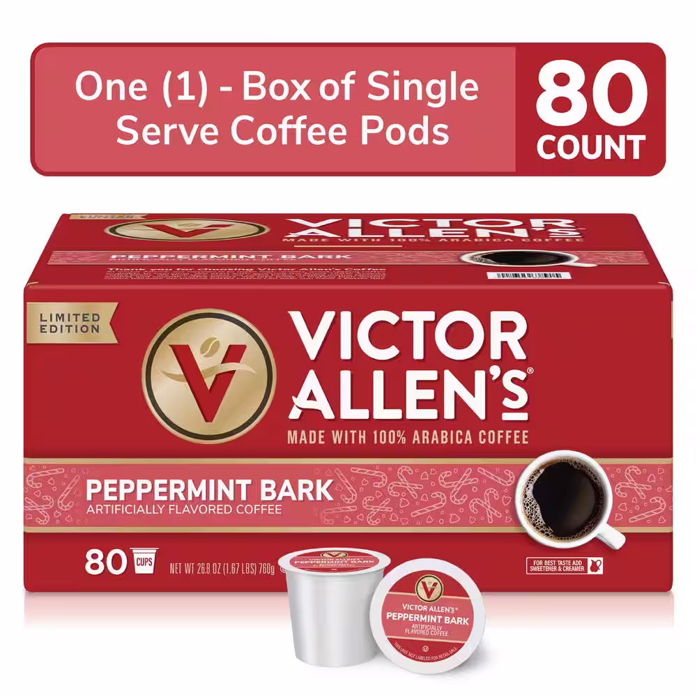 Victor Allen's Peppermint Bark Flavored Coffee Medium Roast Single Serve Coffee Pods for Keurig K-Cup Brewers (80 Count)