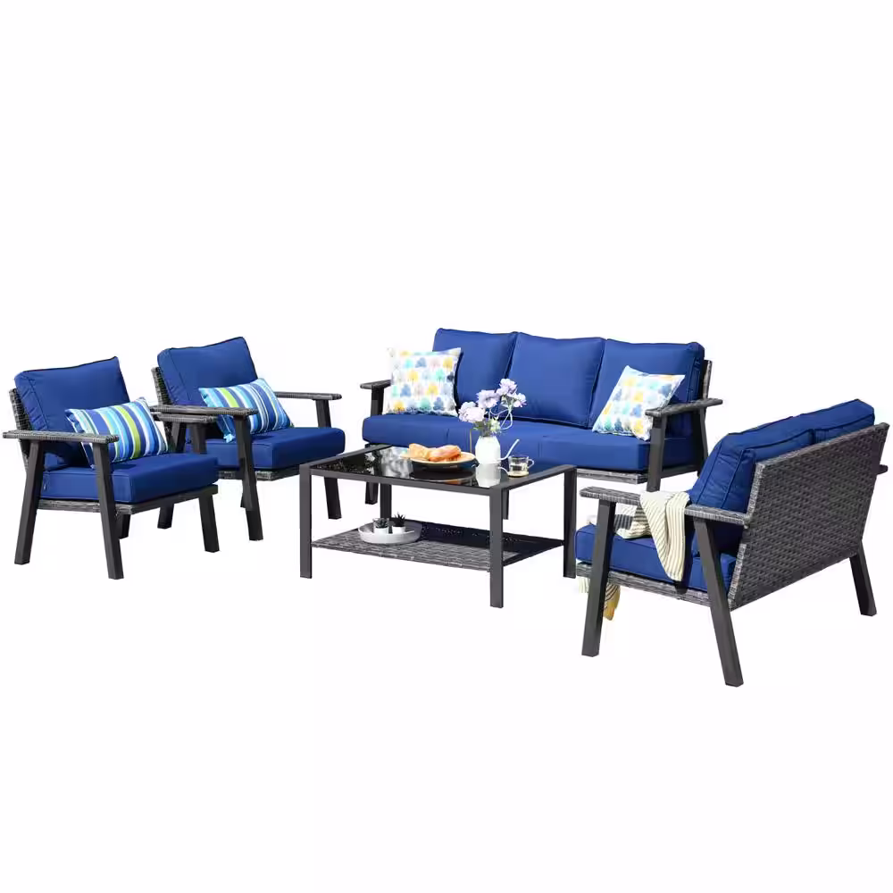 HOOOWOOO Walden Grey 5-Piece Wicker Metal Outdoor Patio Conversation Sofa Set with a Coffee Table and Navy Blue Cushions