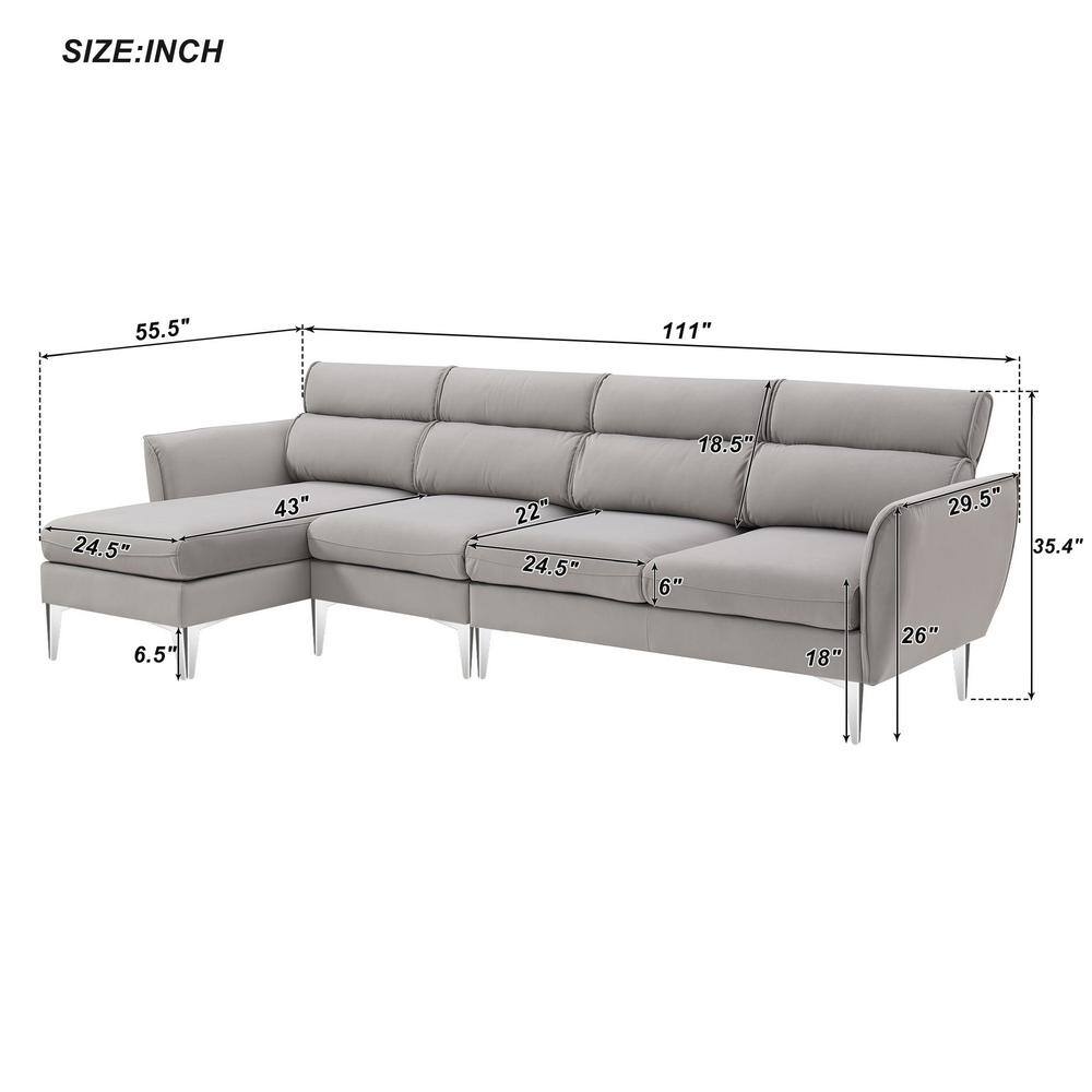 Harper & Bright Designs 111 in. W Flared Arm L Shaped Polyester Flannel Modern Sectional Sofa in Gray