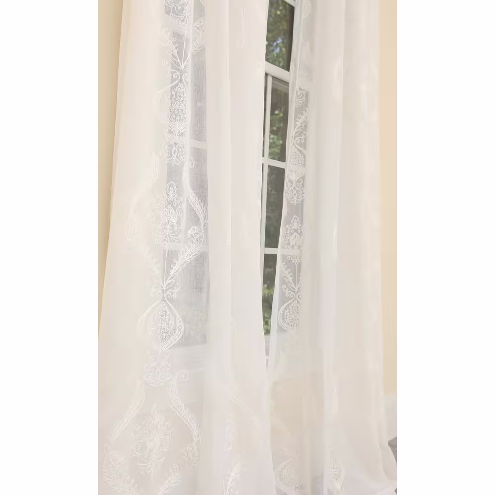 Manor Luxe White Jacquard Embroidered Rod Pocket Sheer Curtain - 52 in. W x 96 in. L (1-Piece)