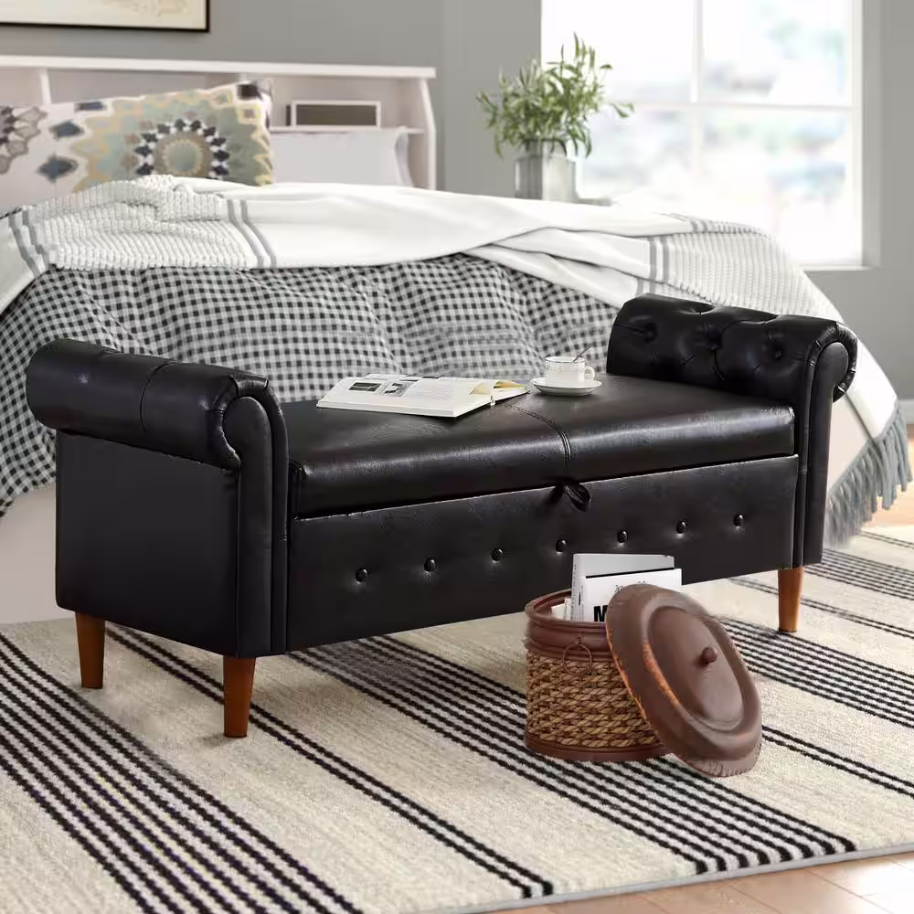 None Black Tufted Fabric/PU Storage Bench 63 in. L x 22.1 in. W x 24.1 in. H