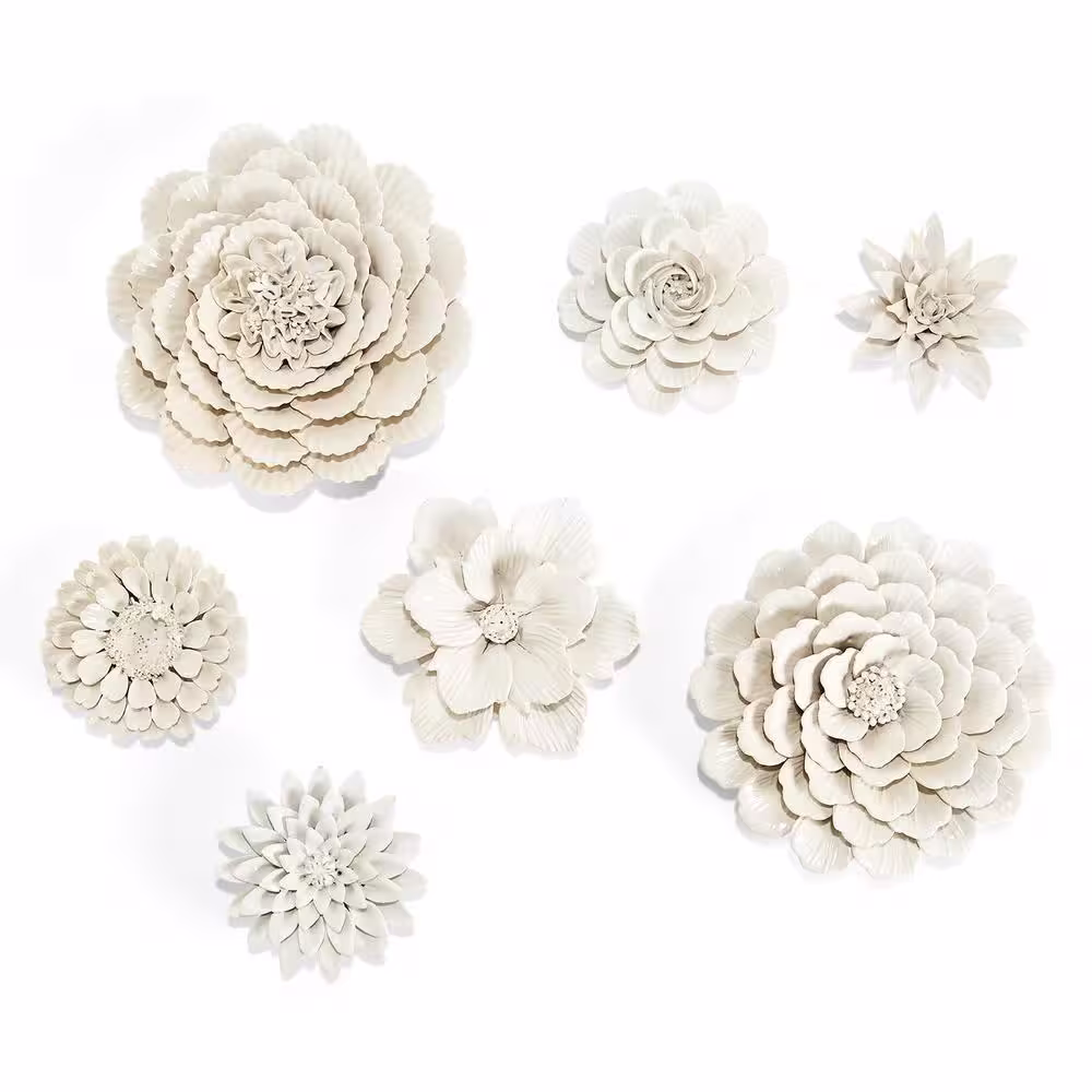 Two's Company White Porcelain Garden Flower Wall Sculptures (Set of 7)