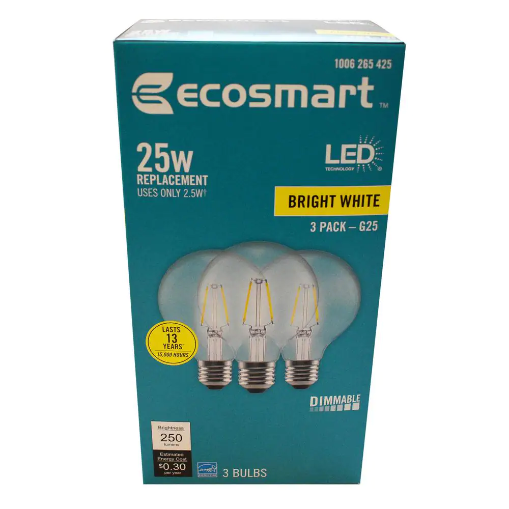 EcoSmart 25-Watt Equivalent G25 Dimmable Globe Clear Glass Filament LED Vintage Edison Light Bulb Bright White (3-Pack)