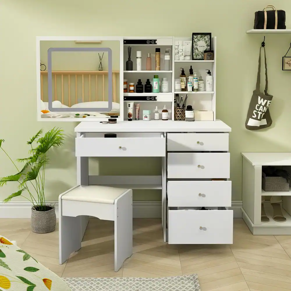 None Wood LED Push-Pull Mirror Dresser with 5-Drawers, Stool and 3-Tier Storage Shelves(53.5 H x 39.4 W x 19.7 D in.)