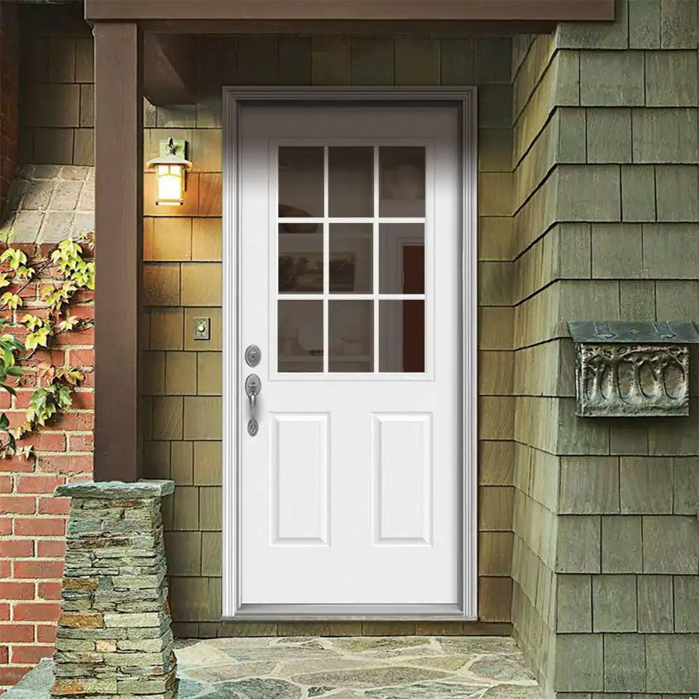 JELD-WEN 36 in. x 80 in. 9 Lite Primed Fiberglass Prehung Right-Hand Inswing Entry Door