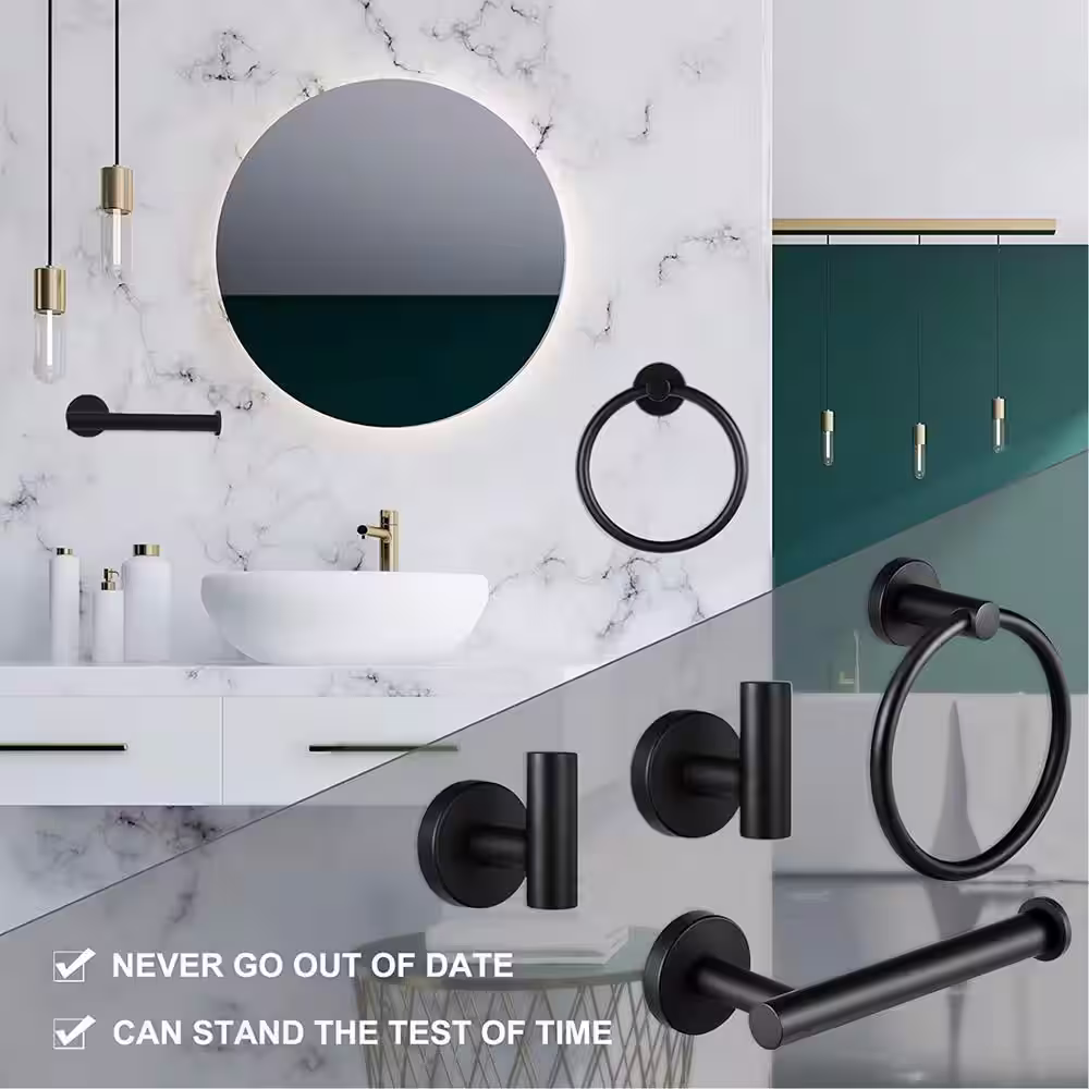 None 5-Piece Bath Hardware with Towel Bar Towel Hook Toilet Paper Holder and Towel Ring Set in Matte Black