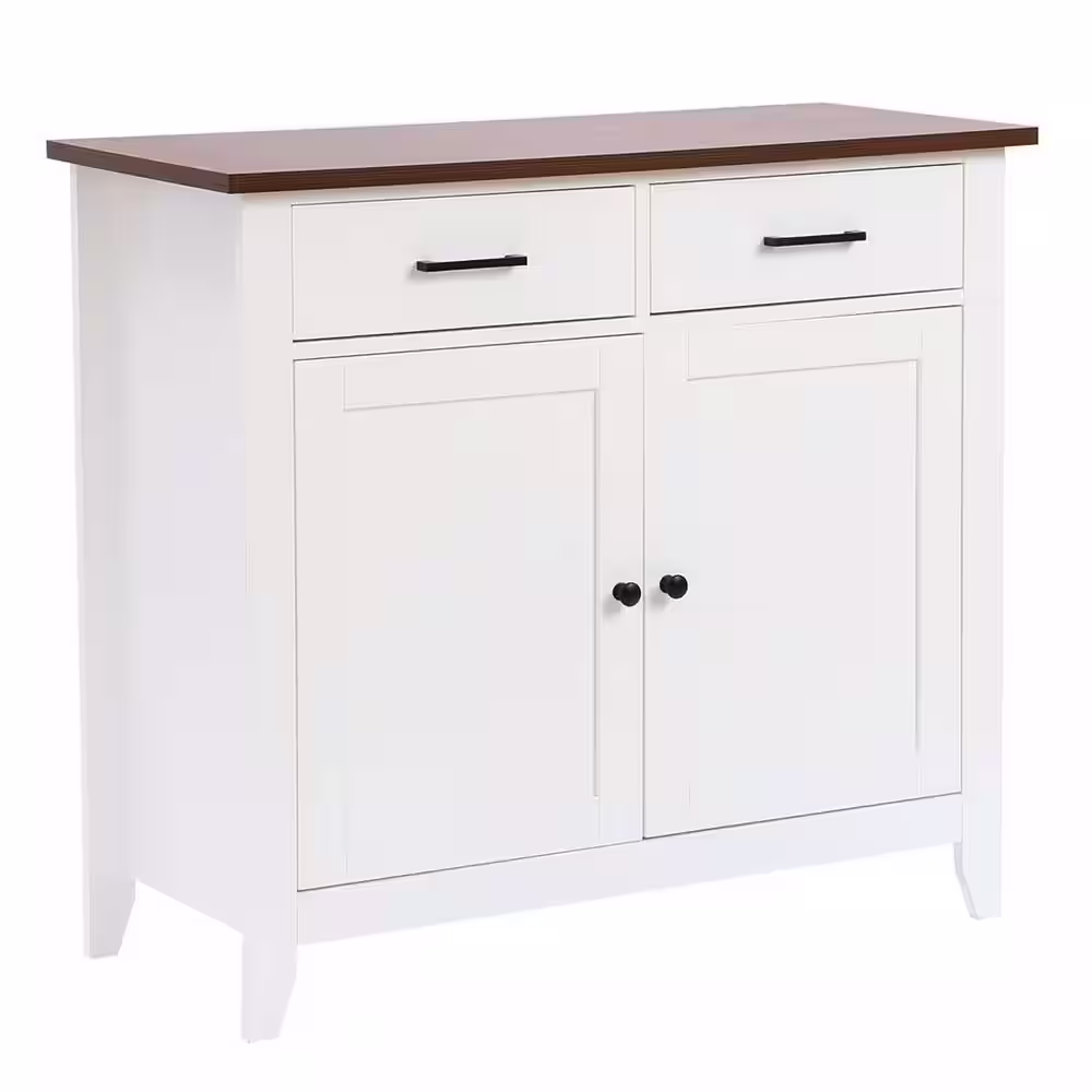 LuxenHome White and Brown Accent Storage Cabinet with Doors, Drawers and Shelf